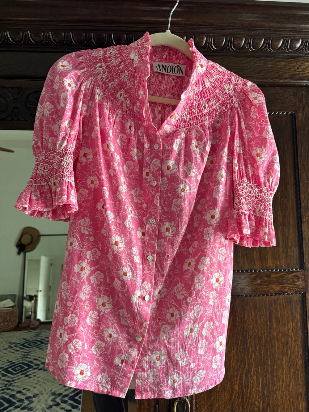 Andion Amelia Short Sleeve Pink Floral Smocked Button-Front Blouse